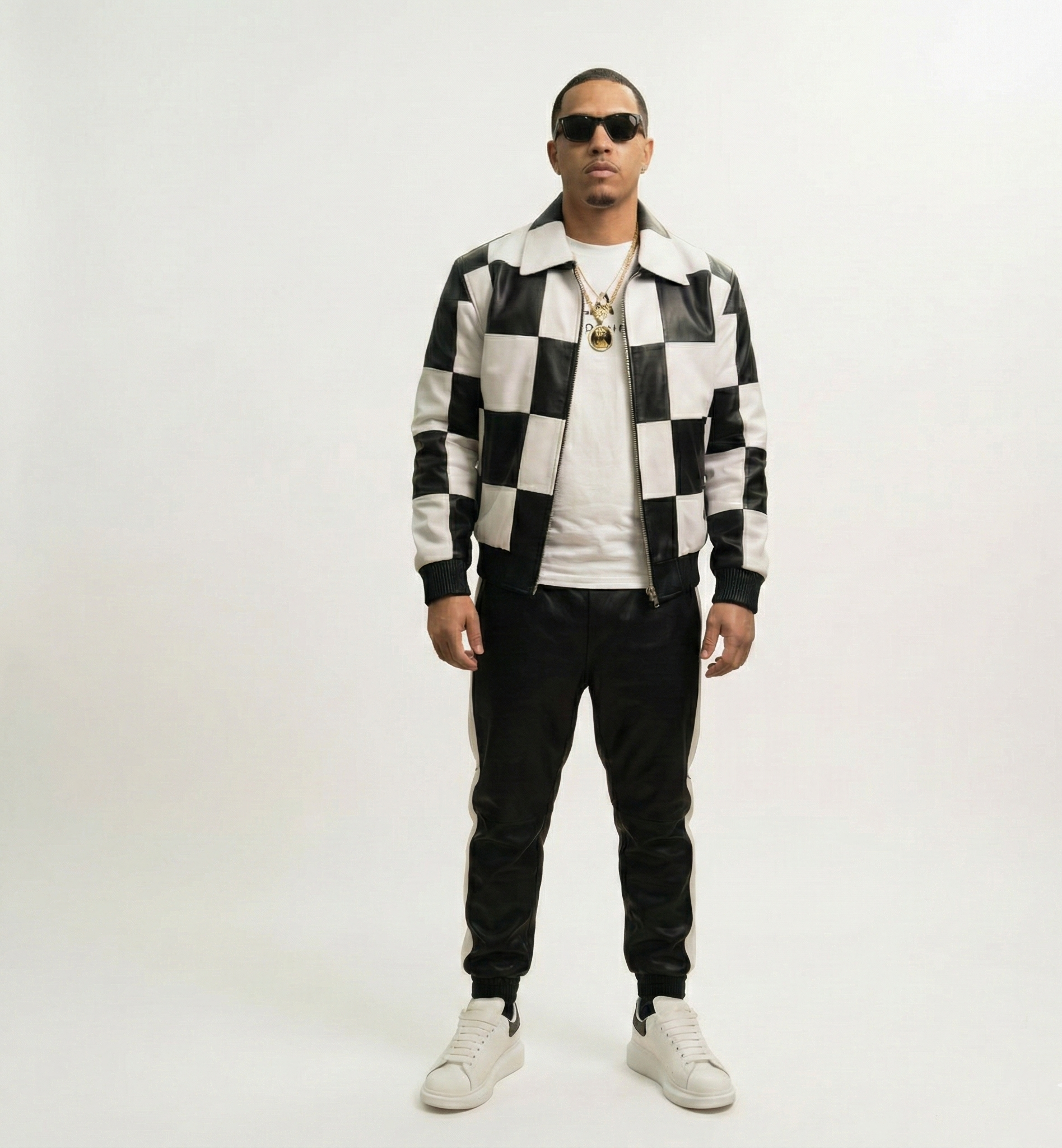 Men’s Black & White Genuine Leather Checkerboard Jacket Set